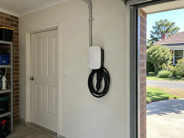 Wall-mounted EV charger with coiled cable in a garage beside an internal door in Cooranbong